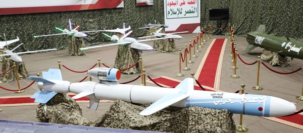 Missiles and drone aircrafts are put on display at an exhibition at an unidentified location in Yemen in this undated handout photo released by the Houthi Media Office July 9, 2019 - Sputnik International