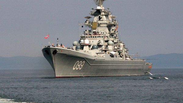 The Arctic fleet's heavy nuclear-powered GM cruiser Peter the Great during the joint sailing of various fleets' vessels for combat training - Sputnik International