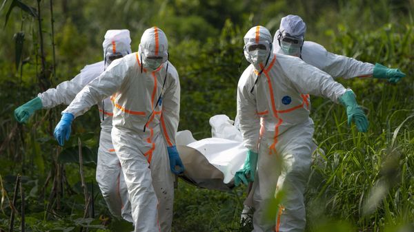 In this Sunday, July 14, 2019 photo, burial workers dressed in protective gear carry the remains of Mussa Kathembo, an Islamic scholar who had prayed over those who were sick, in Beni, Congo - Sputnik International
