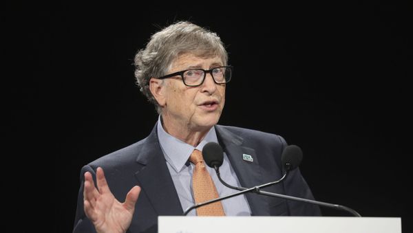 Philanthropist and Co-Chairman of the Bill & Melinda Gates Foundation Bill Gates gestures as he speaks to the audience during the Global Fund to Fight AIDS event at the Lyon's congress hall, central France, Thursday, Oct. 10, 2019 - Sputnik International