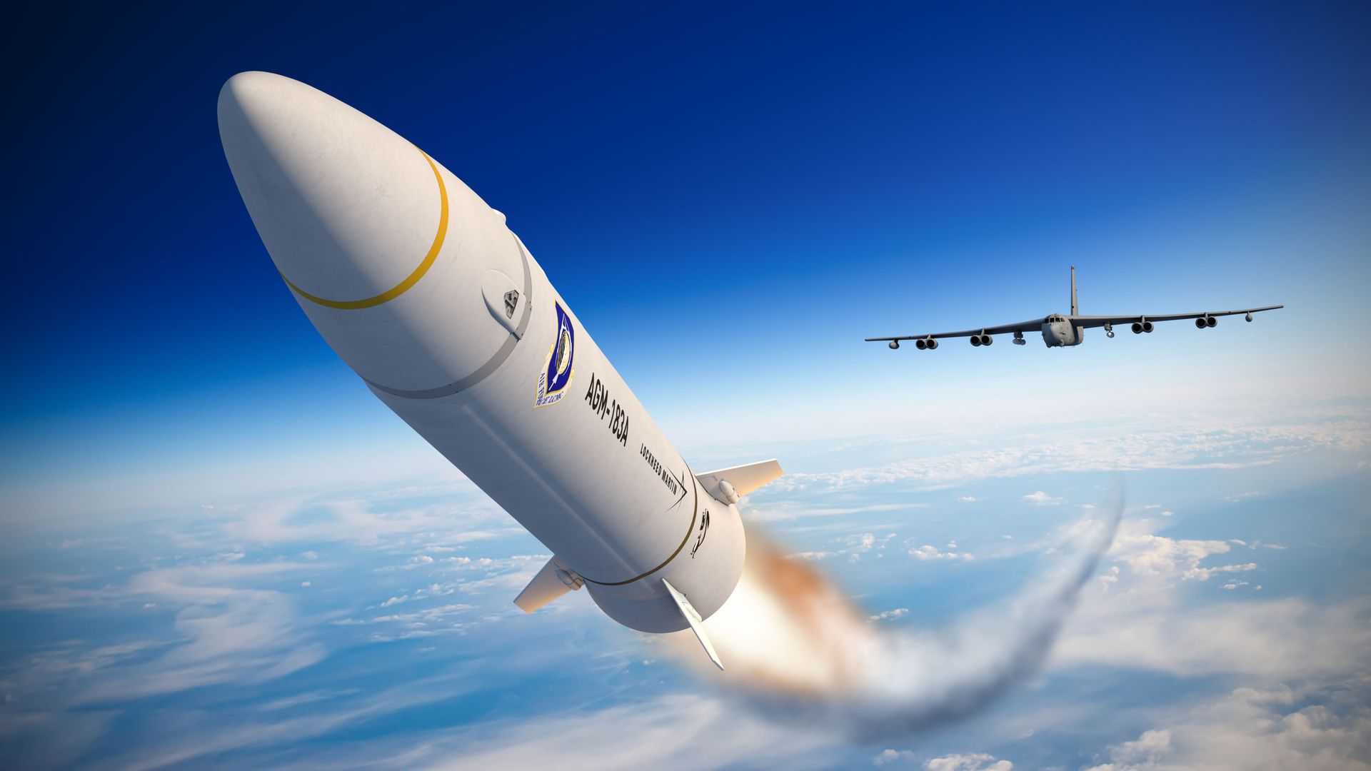 An artist concept of the AGM-183A Air-launched Rapid Response Weapon (ARRW) shows the hypersonic missile after launching from a B-52 bomber, encapsulated in a rocket that accelerates it to hypersonic speed. Lockheed Martin artist rendering. An artist concept of the AGM-183A Air-launched Rapid Response Weapon (ARRW) shows the hypersonic missile after launching from a B-52 bomber, encapsulated in a rocket that accelerates it to hypersonic speed. Lockheed Martin artist rendering. - Sputnik International, 1920, 07.09.2023