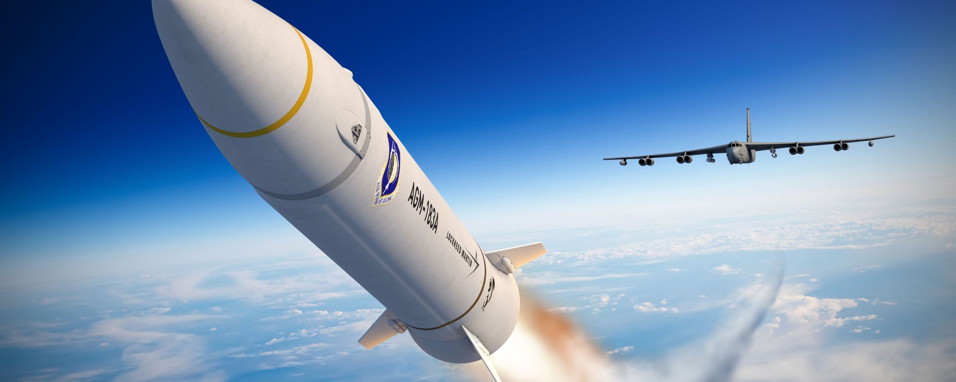 An artist concept of the AGM-183A Air-launched Rapid Response Weapon (ARRW) shows the hypersonic missile after launching from a B-52 bomber, encapsulated in a rocket that accelerates it to hypersonic speed. Lockheed Martin artist rendering. - Sputnik International, 1920, 23.07.2024