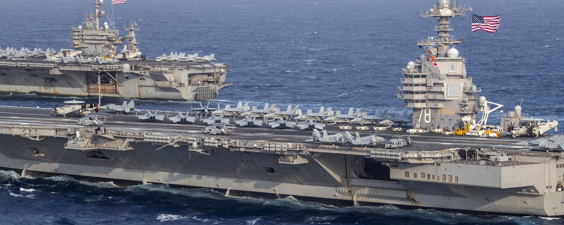 The Ford-class aircraft carrier USS Gerald R. Ford (CVN 78) and the Nimitz-class aircraft carrier USS Harry S. Truman (CVN 75) transit the Atlantic Ocean June 4, 2020 - Sputnik International, 1920, 09.10.2023