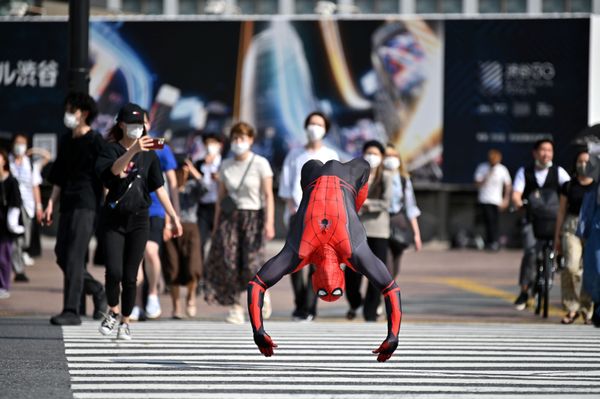 A man wearing a Spiderman costume jumps across Shibuya crossing in Tokyo on June 8, 2020. A man wearing a Spiderman costume jumps across Shibuya crossing in Tokyo on June 8, 2020. - Sputnik International