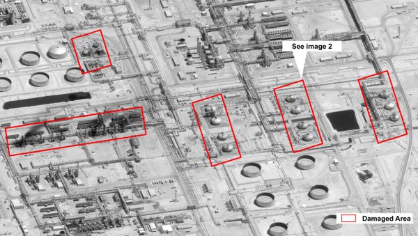 This image provided on Sunday, Sept. 15, 2019, by the U.S. government and DigitalGlobe and annotated by the source, shows damage to the infrastructure at Saudi Aramco's Abaqaiq oil processing facility in Buqyaq, Saudi Arabia. The drone attack Saturday on Saudi Arabia's Abqaiq plant and its Khurais oil field led to the interruption of an estimated 5.7 million barrels of the kingdom's crude oil production per day, equivalent to more than 5% of the world's daily supply.  - Sputnik International