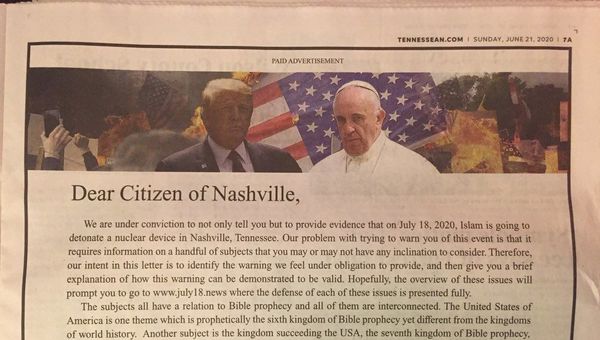 Photo of the religious ad published in The Tennessean newspaper, claiming Islam will detonate nuclear device in the city - Sputnik International