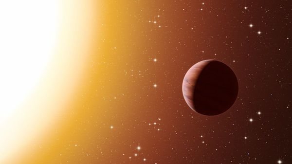 This artist’s impression shows a hot Jupiter planet orbiting close to one of the stars in the rich old star cluster Messier 67, in the constellation of Cancer (The Crab) - Sputnik International