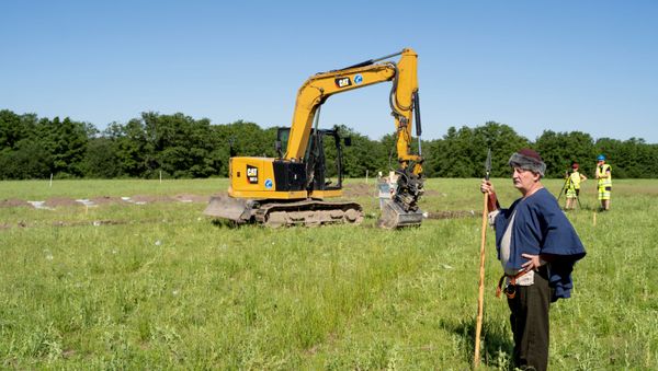 A man dressed as a viking stands at the excavation site of Gjellestadskipet - Sputnik International
