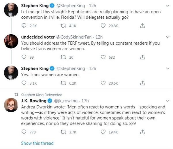 Stephen King Says 'Trans Women Are Women' Amid JK Rowling’s Controversy Over 'Menstruation' Tweets Stephen King Says 'Trans Women Are Women' Amid JK Rowling’s Controversy Over 'Menstruation' Tweets - Sputnik International