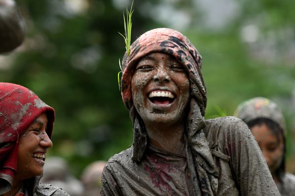 A woman smiles in a rice paddy field during National Paddy Day, which marks the start of the annual rice planting season, in Tokha village on the outskirts of Kathmandu on June 29, 2020 A woman smiles in a rice paddy field during National Paddy Day, which marks the start of the annual rice planting season, in Tokha village on the outskirts of Kathmandu on June 29, 2020 - Sputnik International