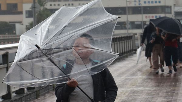 A boy holds an umbrella as he crosses a bridge at Enoshima island in Fujisawa, near Tokyo, Sunday, Sept. 17, 2017 - Sputnik International