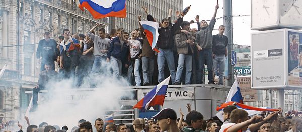 Football fans on Manezhnaya Square during the broadcasting of Russia vs. Japan match Football fans on Manezhnaya Square during the broadcasting of Russia vs. Japan match - Sputnik International