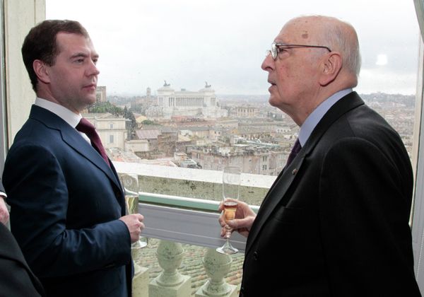 Medvedev, who arrived in Rome an a two-day working visit on Wednesday. Photo: Dmitry Medvedev with Giorgio Napolitano. - Sputnik International