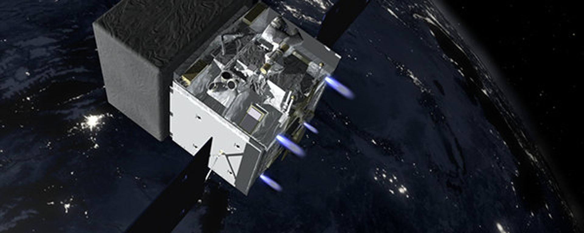 Artist’s rendition of Fermi firing its thrusters to move out of the way of a defunct Soviet-era satellite. Artist’s rendition of Fermi firing its thrusters to move out of the way of a defunct Soviet-era satellite. - Sputnik International, 1920, 14.08.2022