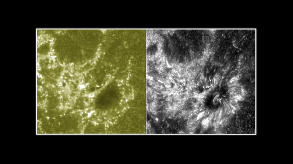 The image on the right shows the sun, as captured by NASA Interface Region Imaging Spectrograph (IRIS). On the left, the sun is captured by NASA's solar observatory. - Sputnik International