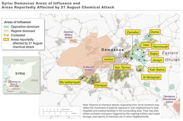 A map released by the US government to go with its intelligence report of the Syrian government’s use of chemical weapons in an attack last week A map released by the US government to go with its intelligence report of the Syrian government’s use of chemical weapons in an attack last week - Sputnik International