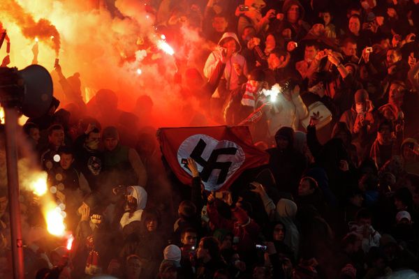 The football fans who caused a disturbance at the stadium in Yaroslavl during the Russian Football Cup's last 32 match between Spartak Moscow and Shinnik Yaroslavl. - Sputnik International