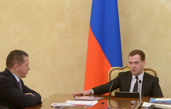 Deputy Prime Minister Yuri Trutnev and Russian Prime Minister Dmitry Medvedev during a government meeting on February 5, 2014 - Sputnik International